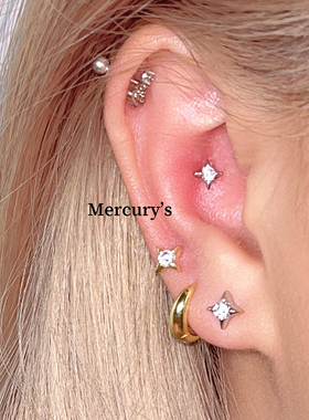 Mercurys 白昼流星耳骨钉~s925银耳窝钉闪闪锆石四芒星纯银小耳针