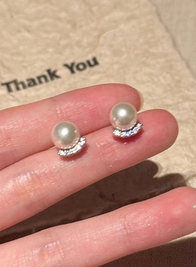 韩国珍珠耳钉锆石纯银气质百搭独特耳环轻奢法式高级感精致耳饰女