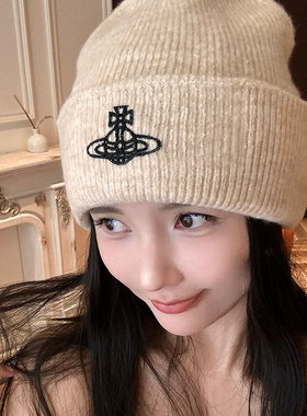 本命冷帽！烫钻土星图案秋冬黑色百搭保暖针织毛线 线帽子女网红