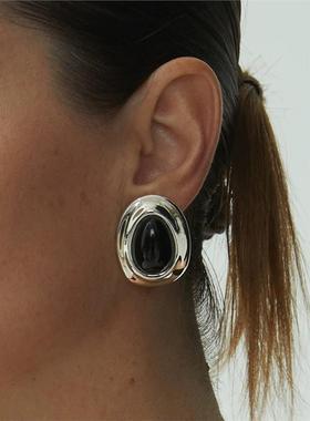 椭圆蛋形黑曜石耳环女轻奢小众设计高级感简约气质黑玛瑙耳钉耳饰