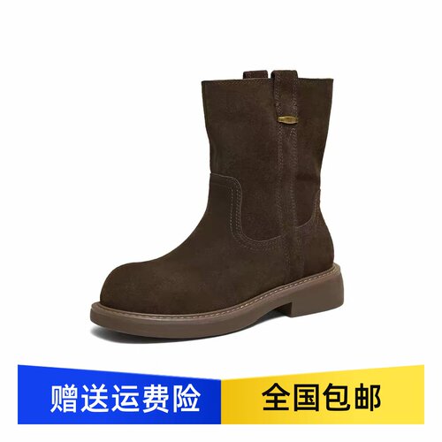 商场同款自由诗复古西部靴短筒休闲靴棕色百搭女靴单靴子YYM02DZ5