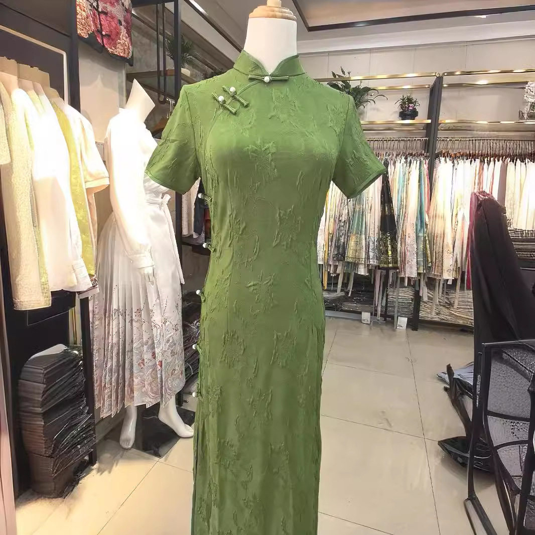绿色弹力光棉气质女中长款旗袍裙