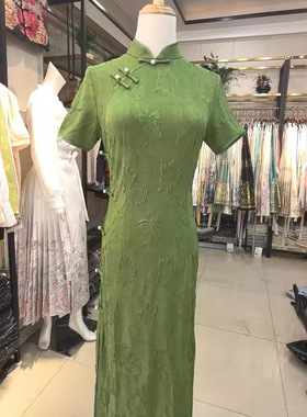6050绿色弹力朱光棉旗袍2024夏季新款改良版连衣裙端气质女中长款
