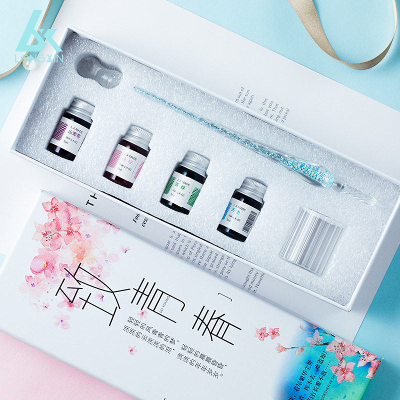 樱花玻璃笔手工礼盒金粉彩墨套装学生用网红同款蘸水笔致青春古风