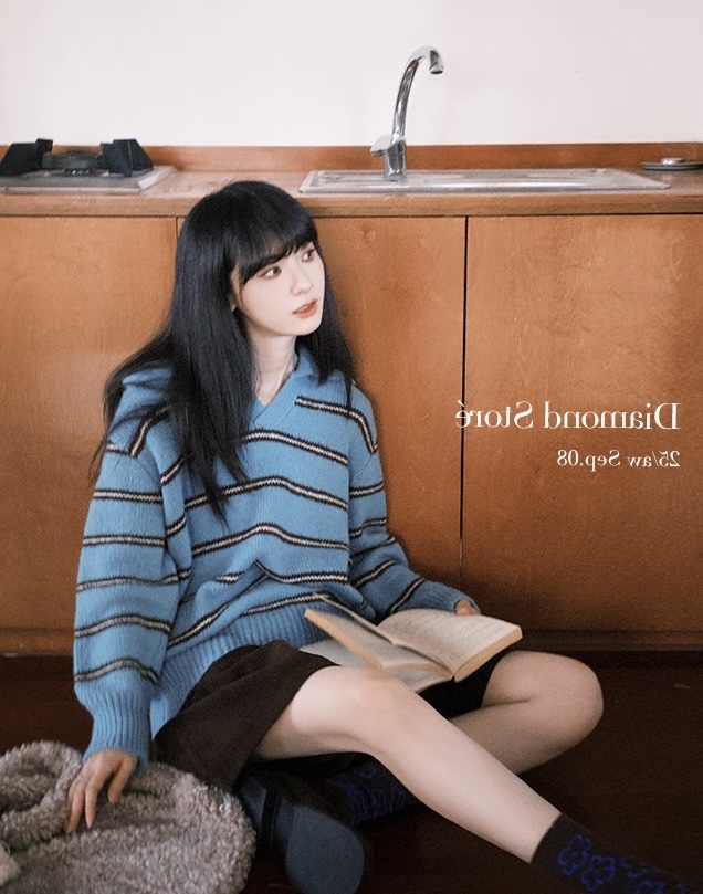 韩系学院风条纹撞色针织上衣女宽松显瘦休闲POLO领长袖套头毛衣女