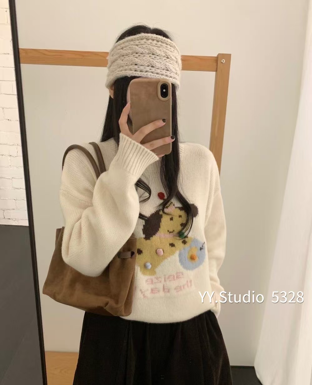 HIDEOUT 2025秋冬新款韩系休闲可爱小狗提花宽松圆领套头毛衣女