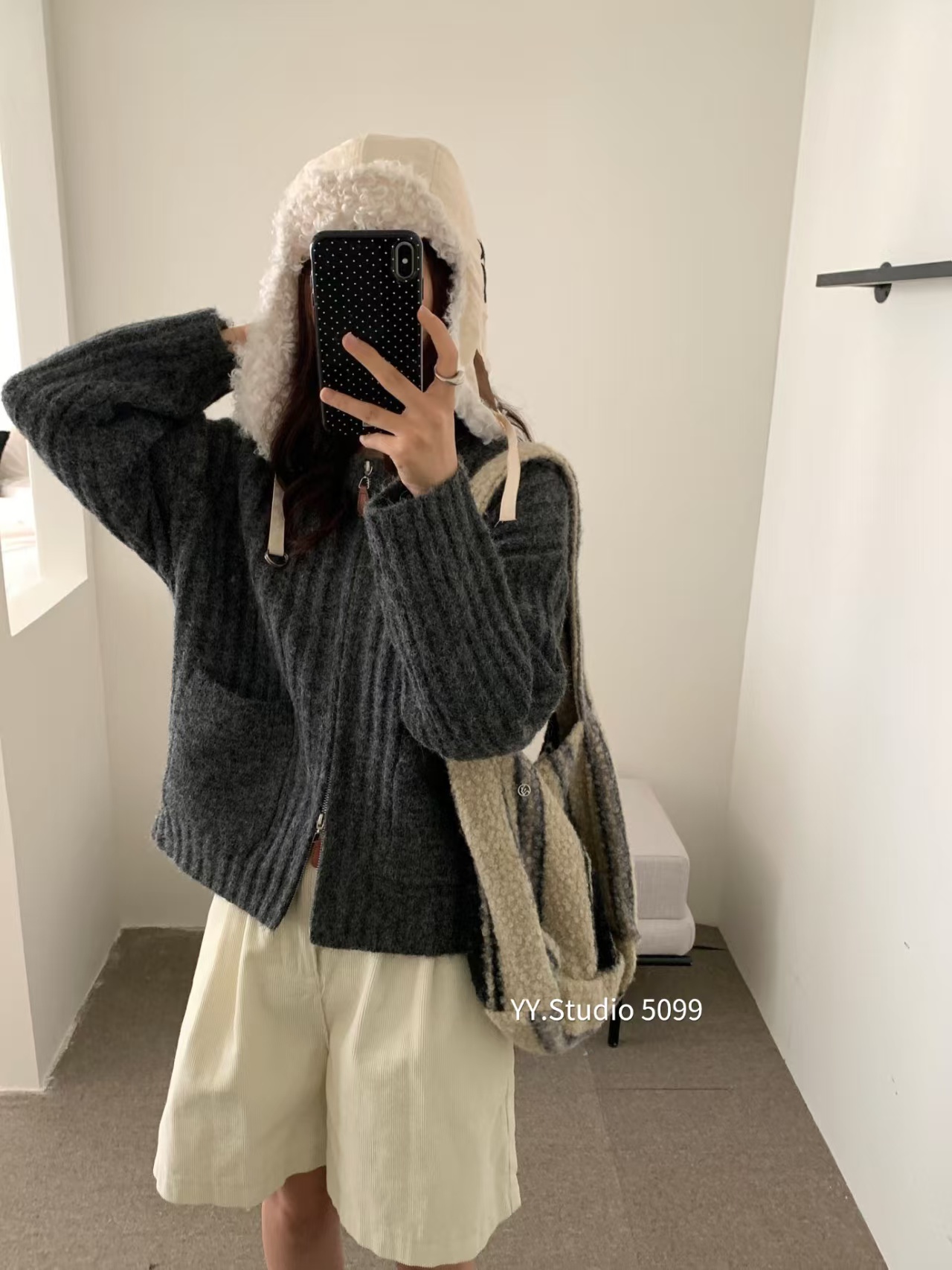 HIDEOUT 韩系极简风慵懒宽松竖坑条口袋设计拉链毛衣开衫外套女