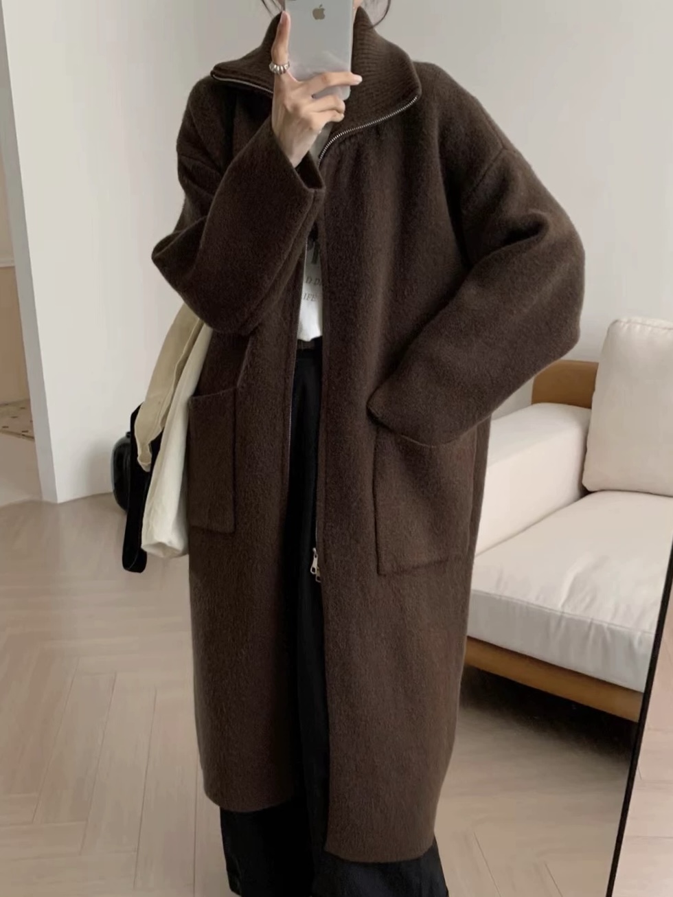 HIDEOUT 韩系极简风慵懒宽松高领半拉链设计长款毛衣开衫外套女