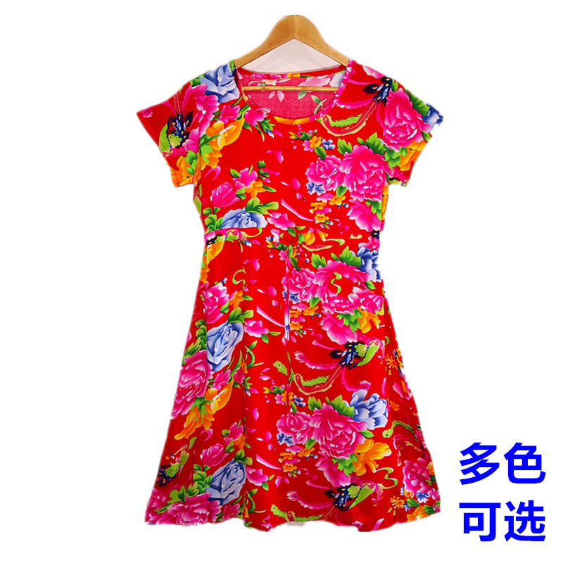 夏季女士绵绸连衣裙口袋裙东北大红花民族风人造棉绸外穿居家睡裙