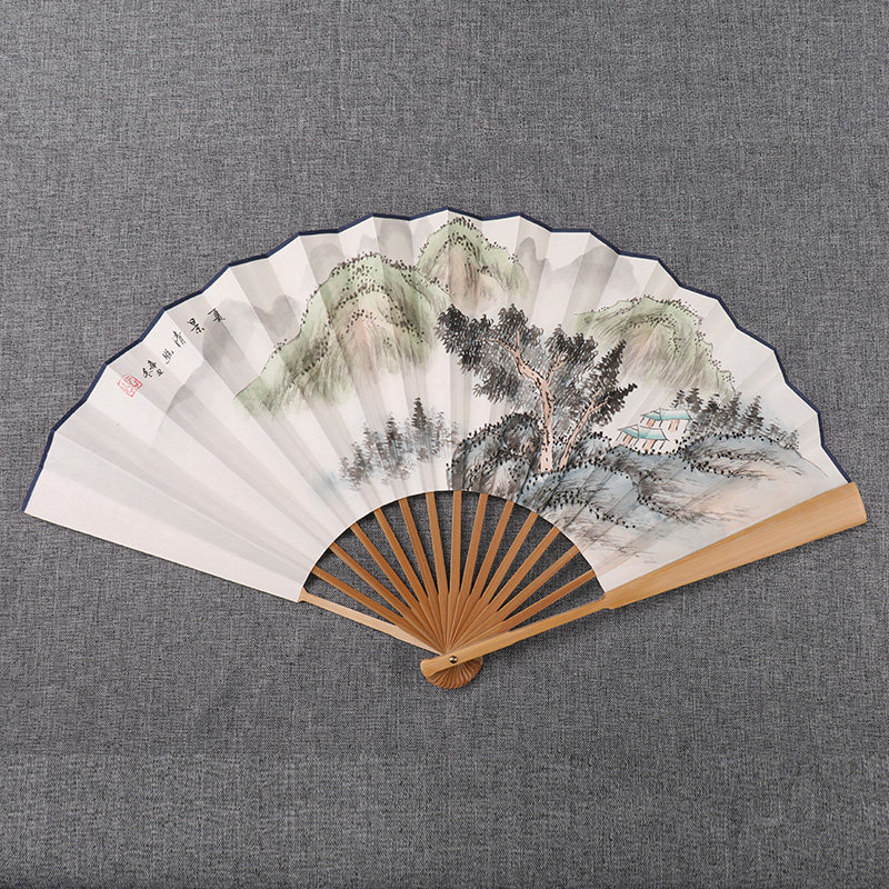 男士折扇古风日用中国风10寸宣纸手绘扇玉竹山水花鸟绘画礼品扇子