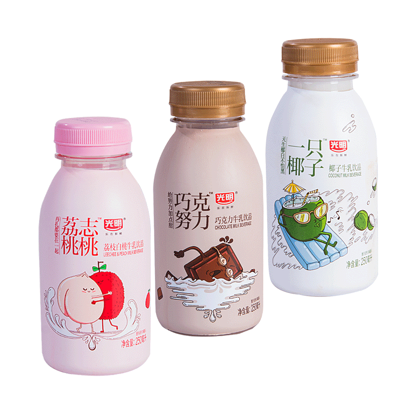 光明一只椰子牛奶乳品250ml瓶装荔志桃桃/巧克努力风味奶
