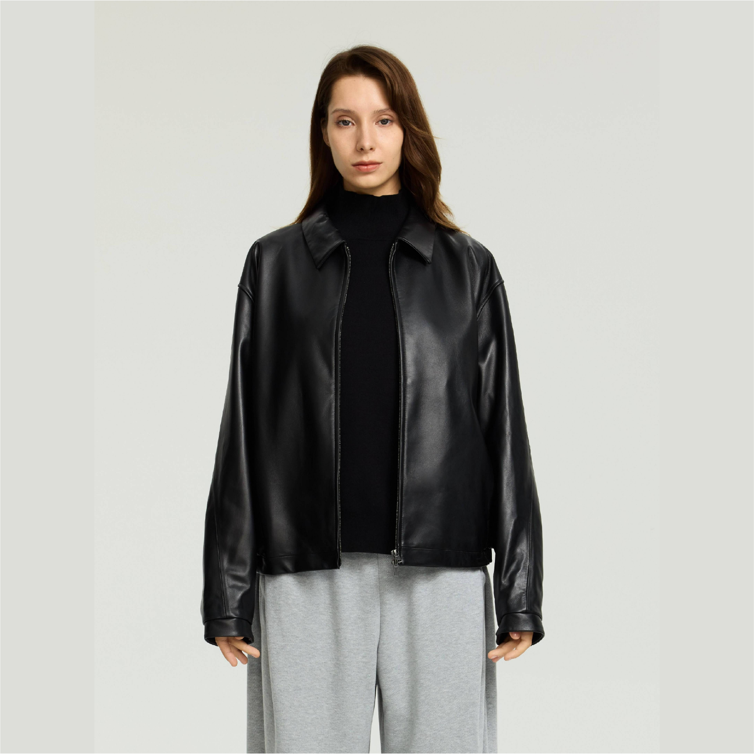 OCTOBEE LAB 头层小羊皮/秋冬解构机能翻领宽松真皮皮衣外套夹克