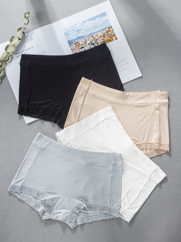 LHZ3条大码莫代平角内裤女无痕竹纤维中腰四角成人女士蕾丝安