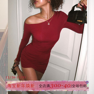 ITSNIKAR法式 包臀裙性感圣诞节针织短裙子 红色斜肩连衣裙女秋长袖