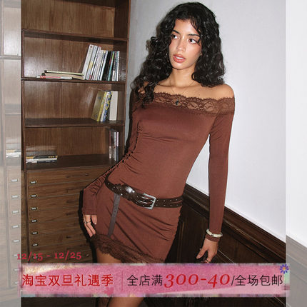 ITSNIKAR 蕾丝拼接露肩长袖连衣裙女秋斜肩性感包臀裙针织短裙子