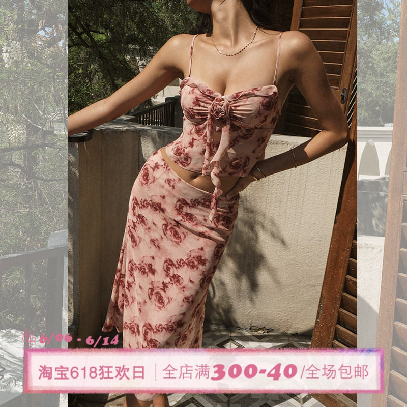 ITSNIKAR新中式复古玫瑰碎花套装女辣妹吊带裙子上衣度假风两件套