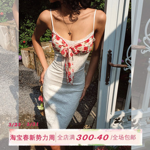 ITSNIKAR法式 包臀裙立体碎花短裙子 蕾丝拼接吊带连衣裙女性感修身