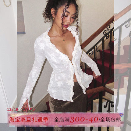 ITSNIKAR 法式性感v领针织衫女初秋荷叶边提花开衫朦胧感显瘦上衣