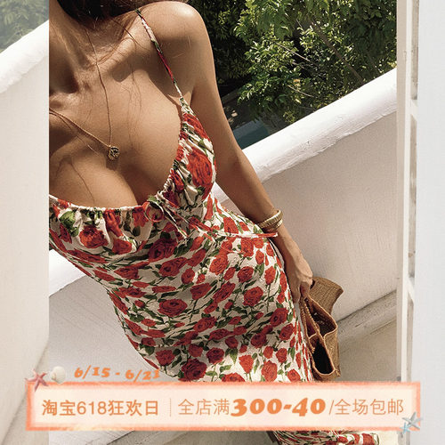 ITSNIKAR玫瑰花度假风吊带裙子