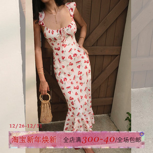 ITSNIKAR法式 印花吊带连衣裙女夏荷叶边设计包臀裙优雅显瘦长裙子