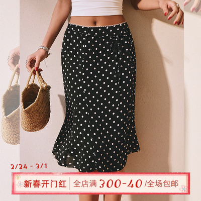 ITSNIKAR 复古黑色波点半身裙女夏赫本风a字半裙蕾丝拼接中长裙子