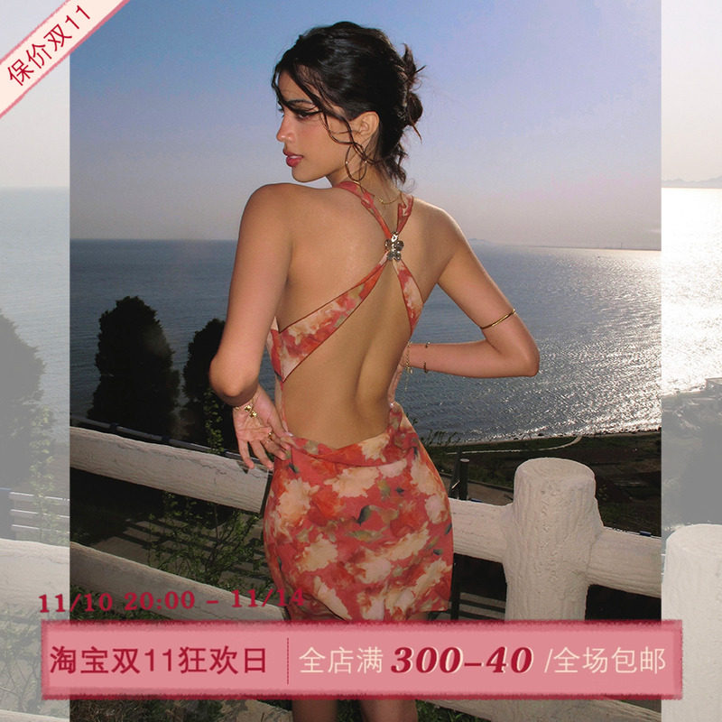 ITSNIKAR复古红色碎花连衣裙女性感挂脖吊带裙海边露背度假长裙子