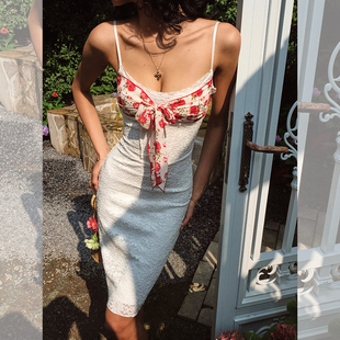 ITSNIKAR法式蕾丝拼接吊带连衣裙女性感修身包臀裙立体碎花短裙子