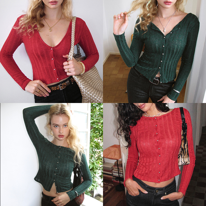 ITSNIKAR 法式正反两穿V领针织衫女修身显瘦打底开衫外穿正肩上衣