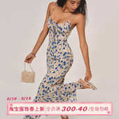 ITSNIKAR法式 包臀吊带裙海岛度假裙子 蓝色蝴蝶碎花连衣裙女夏长款