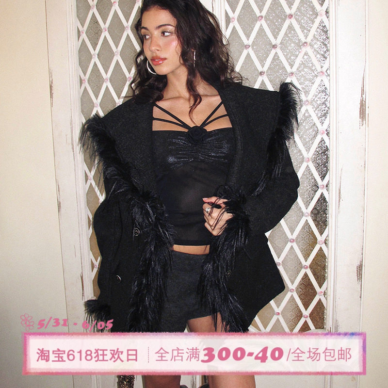 ITSNIKAR【小恶魔】肌理感流苏短外套女秋冬毛领拼接立体毛呢上衣