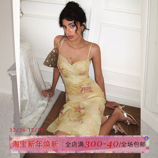 ITSNIKAR 印花吊带连衣裙女夏性感显瘦包臀裙收褶设计长裙子 法式