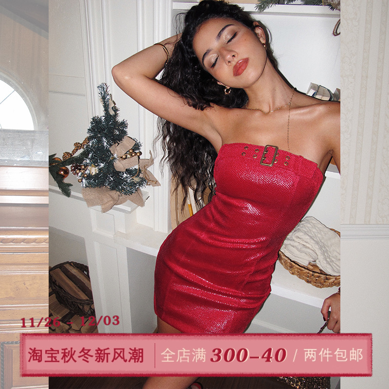 ITSNIKAR【蛇纹裙】情人节氛围抹胸连衣裙女红色包臀裙性感短裙子