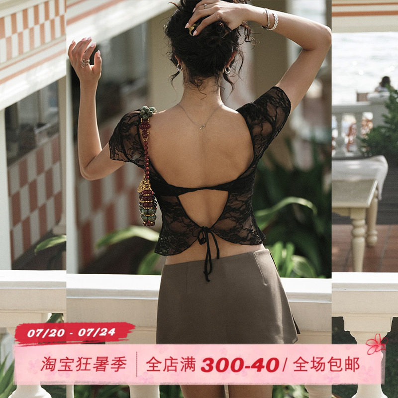 ITSNIKAR 法式V领镂空短袖T恤女夏蕾丝性感露背修身绑带短款上衣