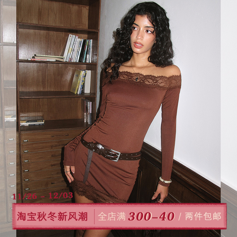 ITSNIKAR 蕾丝拼接露肩长袖连衣裙女秋斜肩性感包臀裙针织短裙子