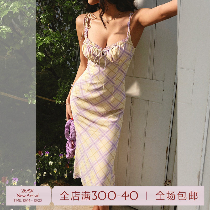 ITSNIKAR经典格纹吊带连衣裙女夏肌理感显瘦包臀裙修身性感长裙子