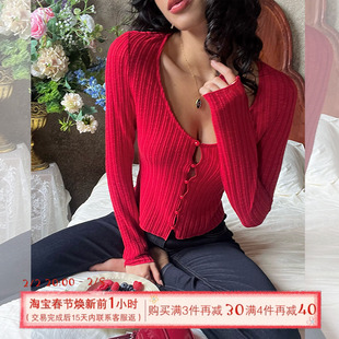 ITSNIKAR 新年红U领毛针织衫女冬节日长袖打底开衫修身内搭短上衣
