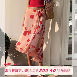 ITSNIKAR 印花半身裙女初春不规则雪纺包臀裙复古垂感短裙子 经典