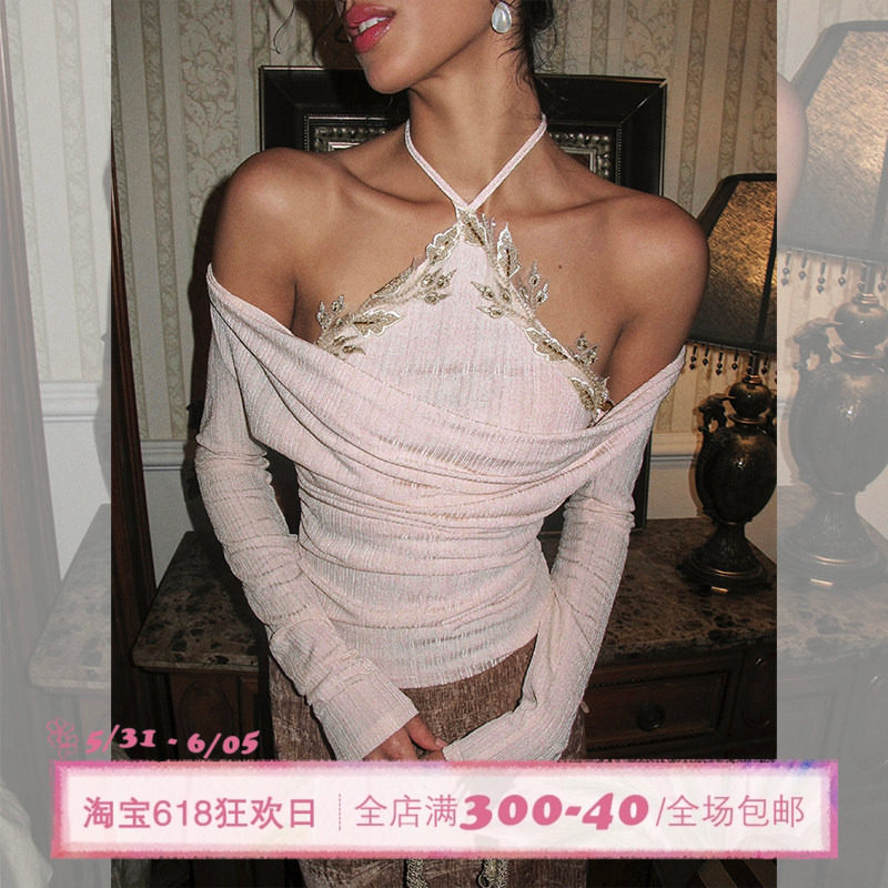 ITSNIKAR法式长袖一字肩毛针织衫女荡领露肩毛衣收腰显瘦挂脖上衣