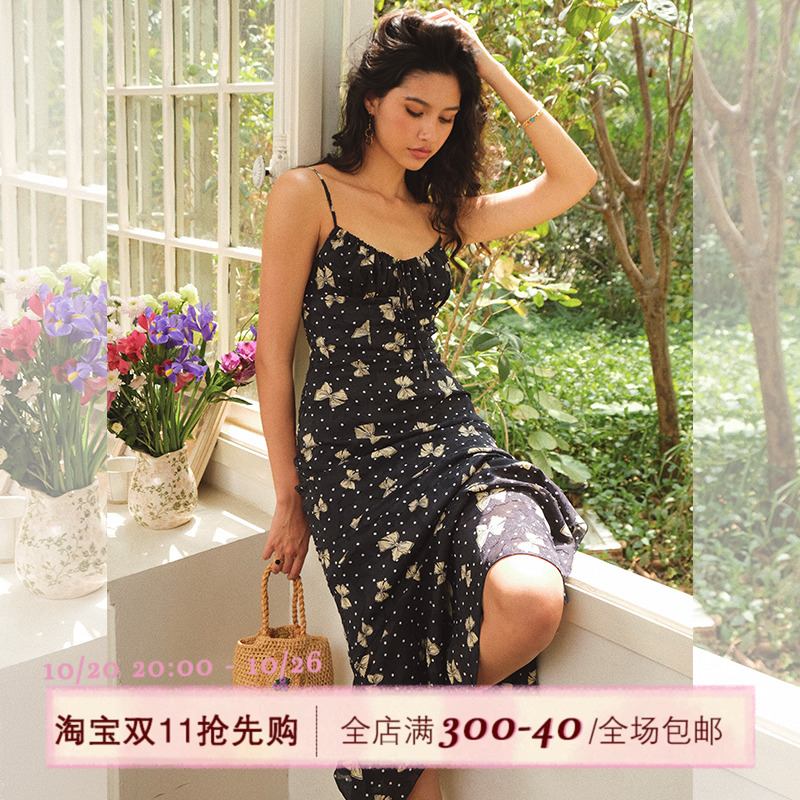 ITSNIKAR法式黑色蝴蝶连衣裙女春夏碎花吊带裙设计感鱼尾长款裙子