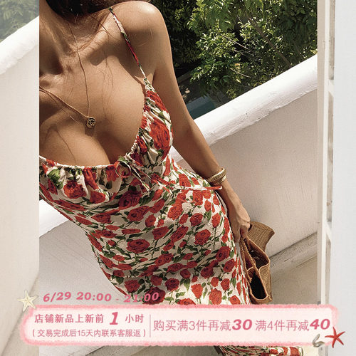 ITSNIKAR玫瑰花度假风吊带裙子