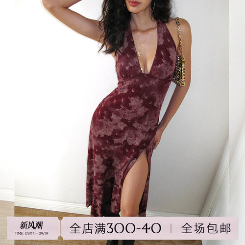 ITSNIKAR 复古酒红V领丝绒挂脖连衣裙女性感露背新中式吊带长裙子