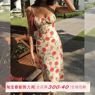 海边度假风裙子 玫瑰碎花连衣裙女夏茶歇吊带裙长款 ITSNIKAR 法式