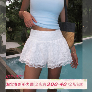 女纯棉提花高腰显瘦休闲裤 白色芭蕾蕾丝花边短裤 子 法式 ITSNIKAR
