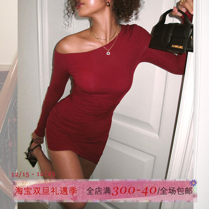 ITSNIKAR法式红色斜肩连衣裙女秋长袖包臀裙性感圣诞节针织短裙子