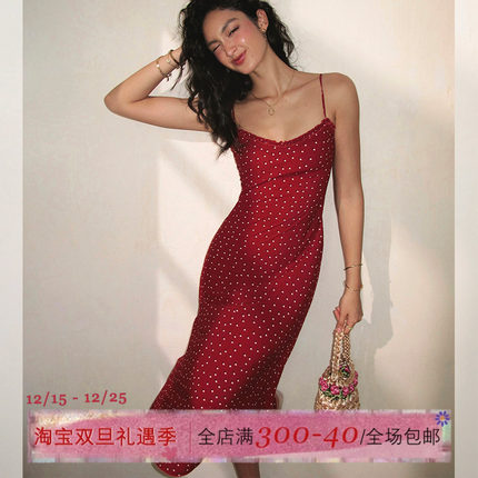 ITSNIKAR 法式红色吊带连衣裙女夏波点印花圣诞裙收腰性感长裙子