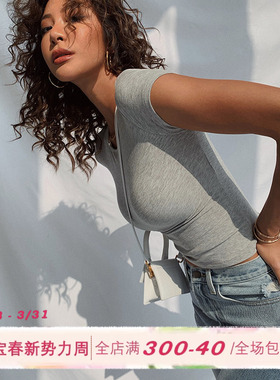ITSNIKAR 美式灰色短袖t恤女夏欧美修身半袖紧身辣妹正肩打底上衣