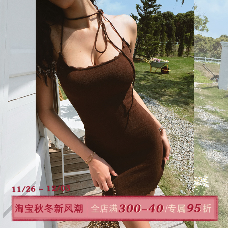 ITSNIKAR经典挂脖针织连衣裙女夏修身显瘦包臀裙木耳边设计短裙子