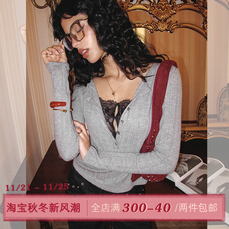 ITSNIKAR 假两件V领毛针织衫女秋性感显瘦打底衫蕾丝拼接长袖上衣