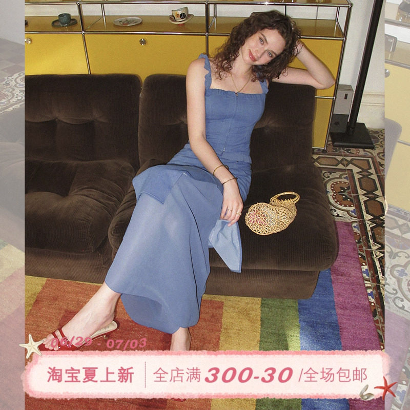 ITSNIKAR 美式复古弹力牛仔套装女夏小飞袖吊带拼接半身裙两件套