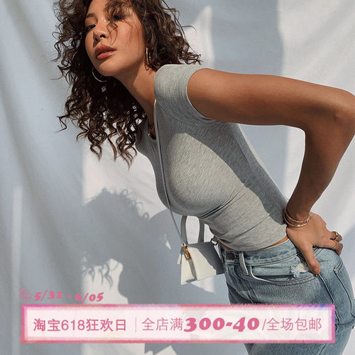 ITSNIKAR灰色短袖t恤女正肩上衣